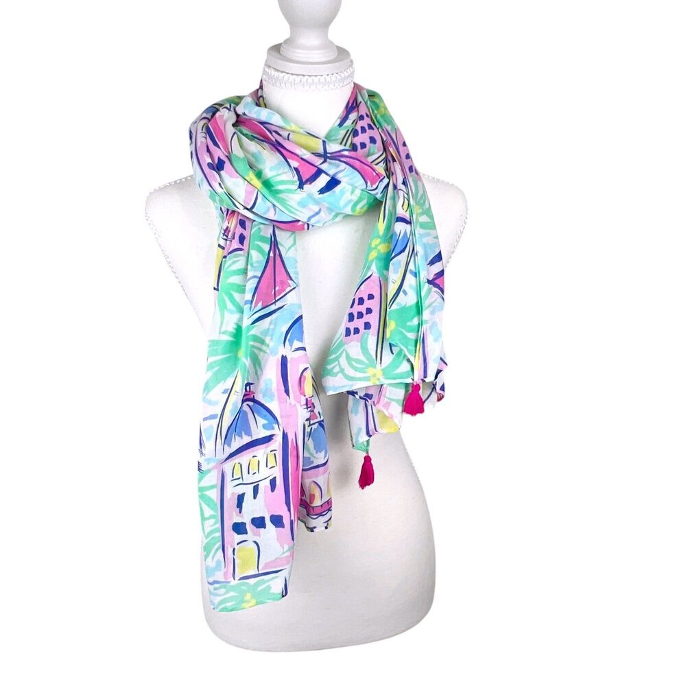 Stella & Dot Scarf Women Pareo Green Blue Palm City Triangular Corner Tassels